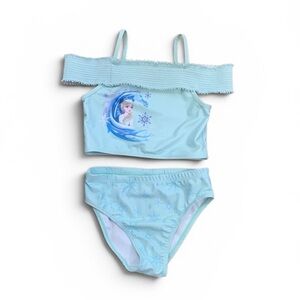 Disney Frozen Girls 2 Piece Swimsuit Elsa Bikini Set Size 7 Light Blue